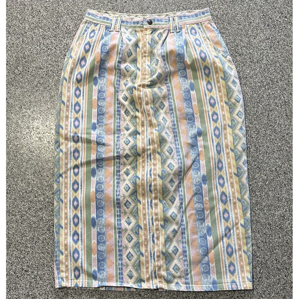 Vivaldi Jeanswear Skirt Womens 14 30x33 Vintage Southwest Aztec Maxi Denim USA